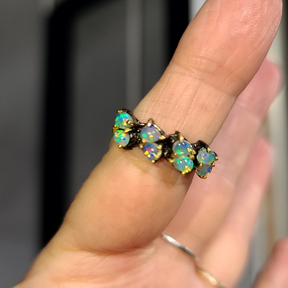 8 teardrop Opal sterling Rhodium& gold ring sz6 - Picture 4 of 6